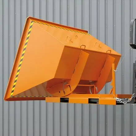 Kippbehälter in hoher Bauhöhe, quer zur und in Fahrtrichtung kippbar, 1500 kg, 1500 Liter, reinorange