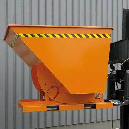 Kippbehälter in hoher Bauhöhe, quer zur und in Fahrtrichtung kippbar, 1500 kg, 1250 Liter, reinorange