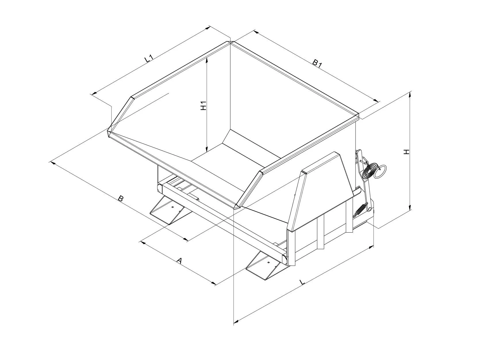 Kippbehälter mit geschützten Abrollkufen, 1500 kg, 800 Liter, enzianblau