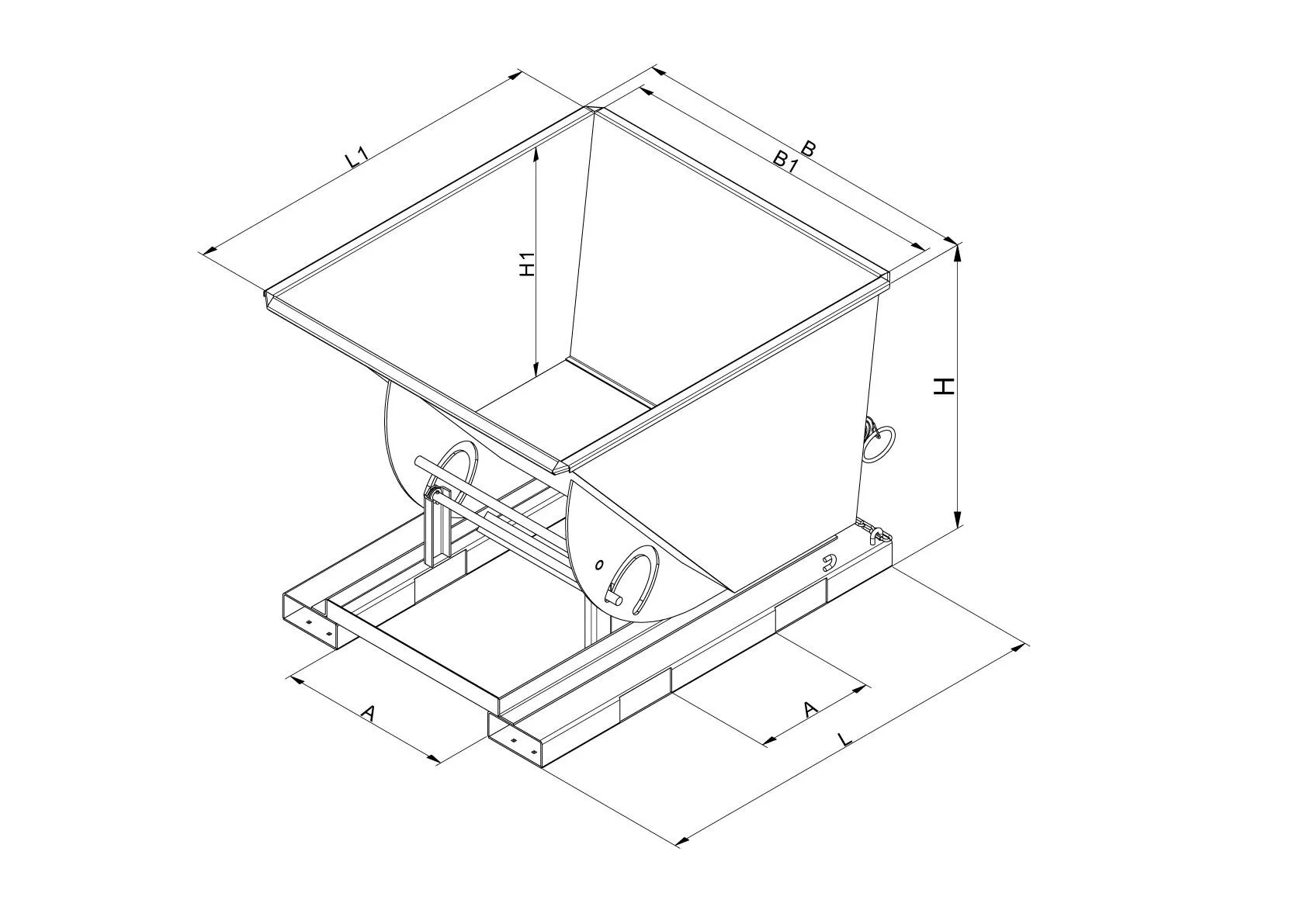Kippbehälter in hoher Bauhöhe, quer zur und in Fahrtrichtung kippbar, 1500 kg, 1250 Liter, reinorange